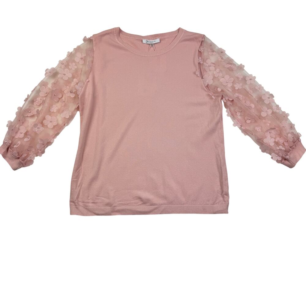 Sioni Blush Pink Lightweight Mesh Sleeve Flower Applique Sweater Women's Size L